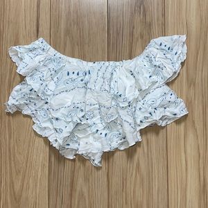 Ruffled Off the Shoulder Blue and White Crop Top TBD I